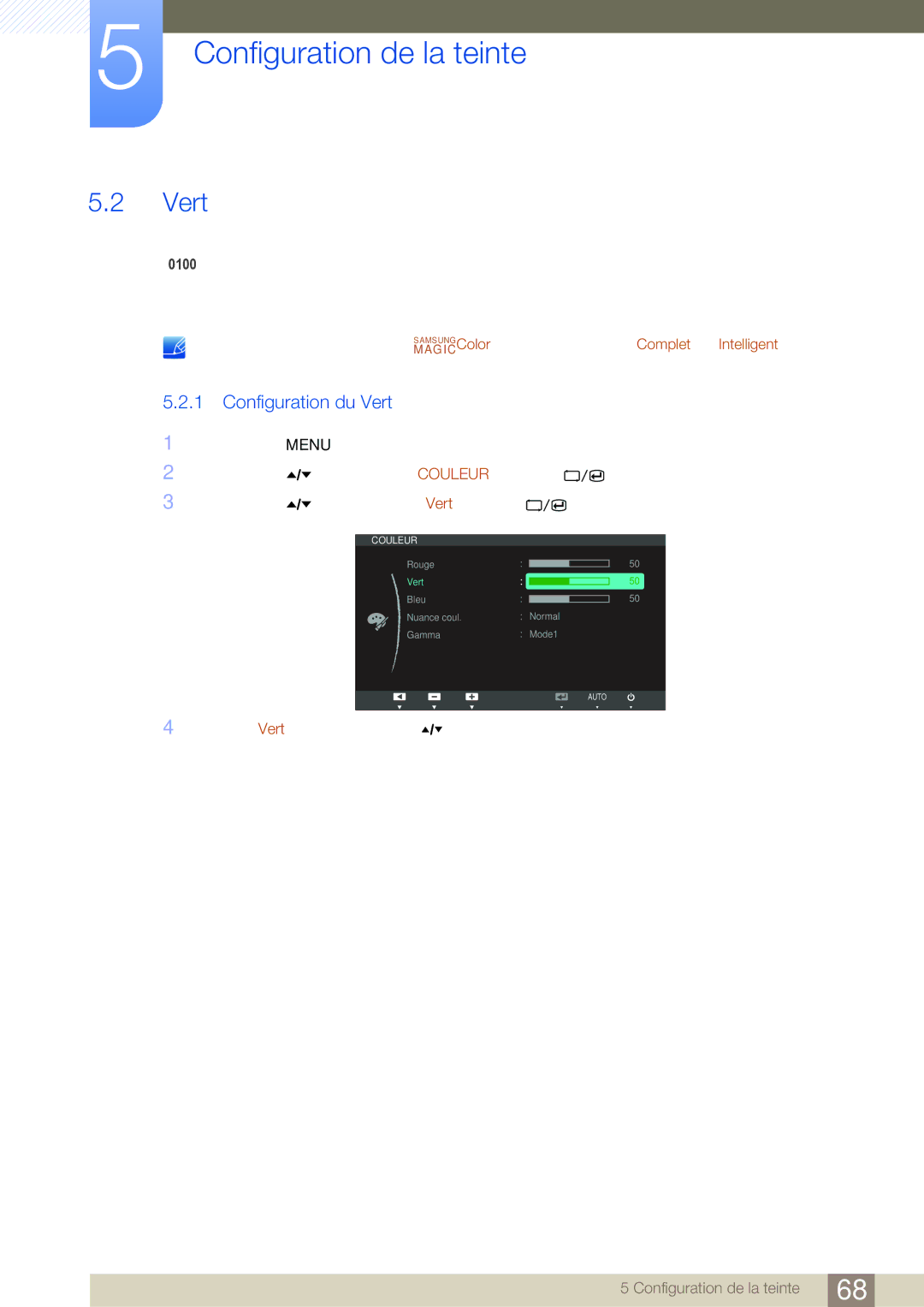 Samsung LC24A650XS/EN manual Configuration du Vert 