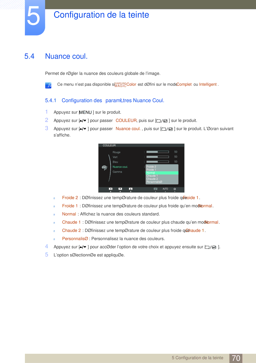 Samsung LC24A650XS/EN manual Nuance coul, Configuration des paramètres Nuance Coul 