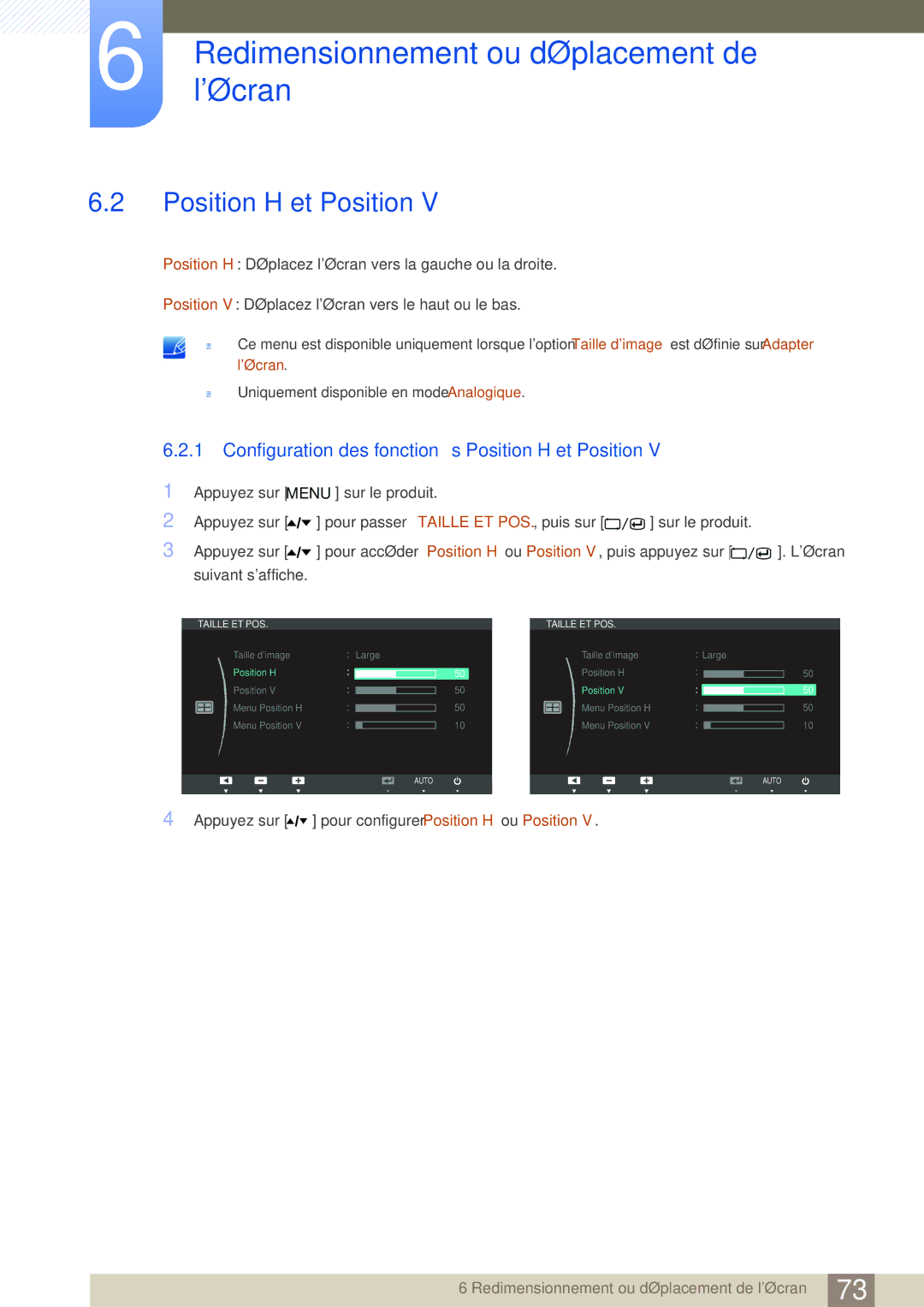 Samsung LC24A650XS/EN manual Configuration des fonctions Position H et Position 