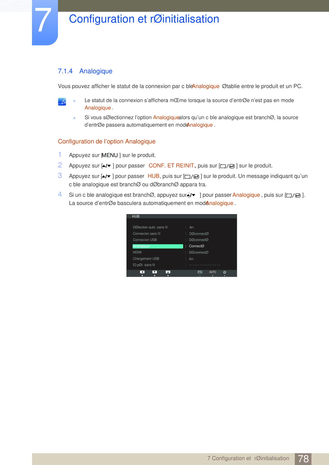 Samsung LC24A650XS/EN manual Configuration de loption Analogique 