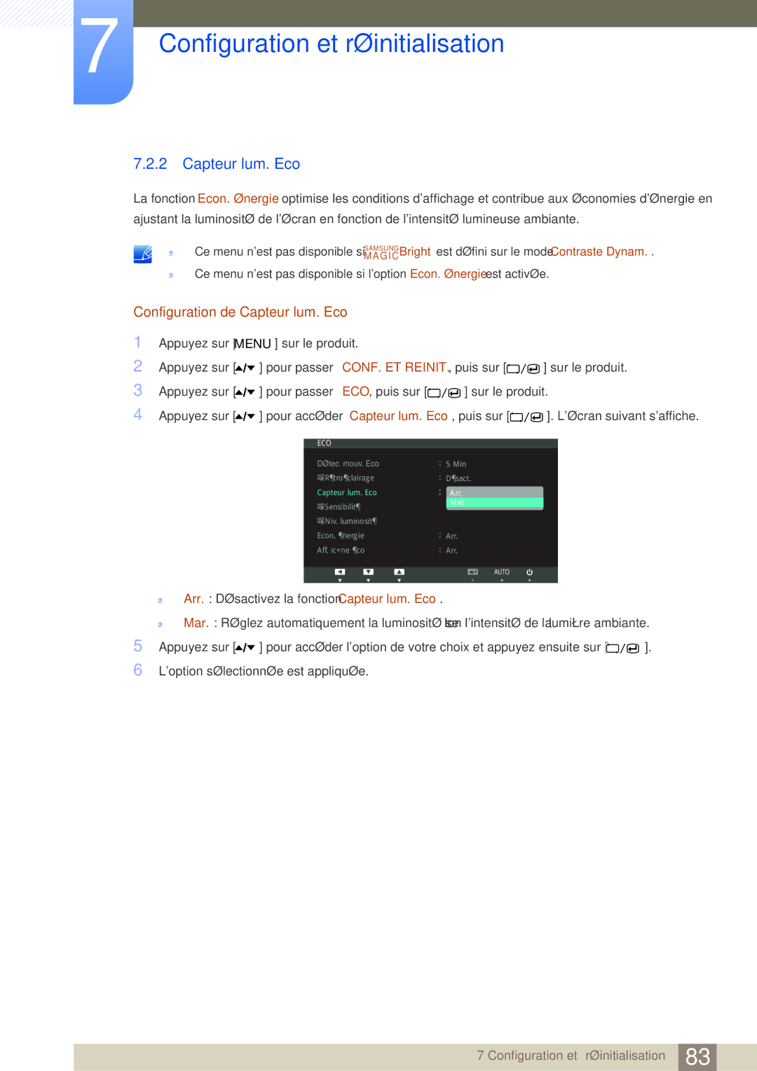 Samsung LC24A650XS/EN manual Configuration de Capteur lum. Eco 