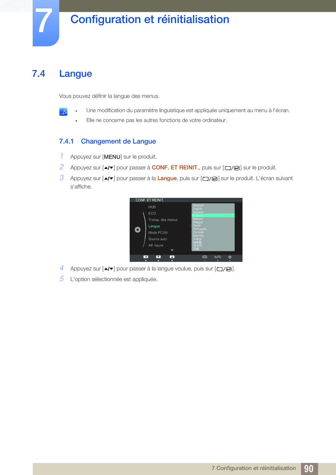 Samsung LC24A650XS/EN manual Changement de Langue 