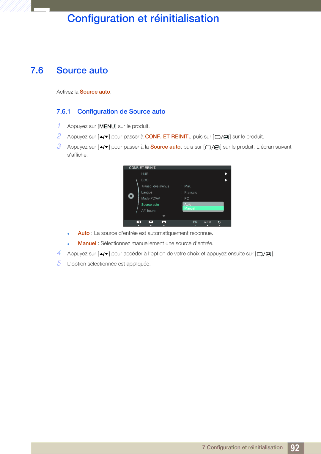 Samsung LC24A650XS/EN manual Configuration de Source auto 