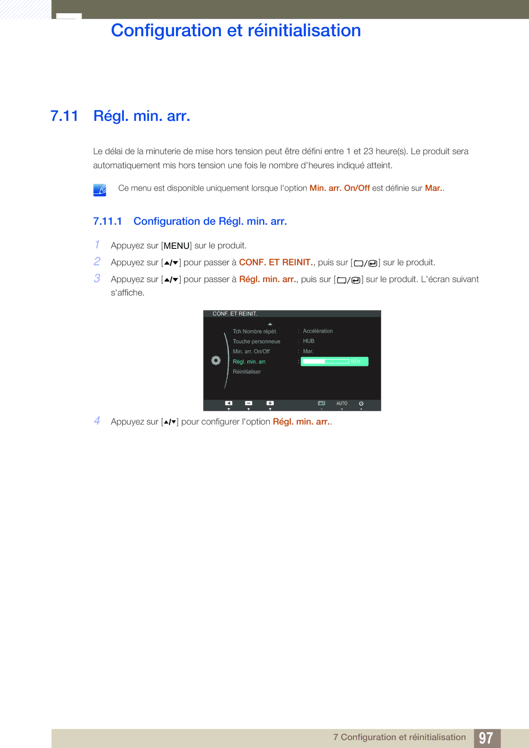 Samsung LC24A650XS/EN manual 11 Régl. min. arr, Configuration de Régl. min. arr 