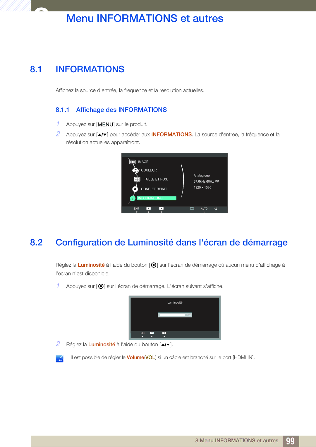 Samsung LC24A650XS/EN manual Menu Informations et autres, Configuration de Luminosité dans lécran de démarrage 