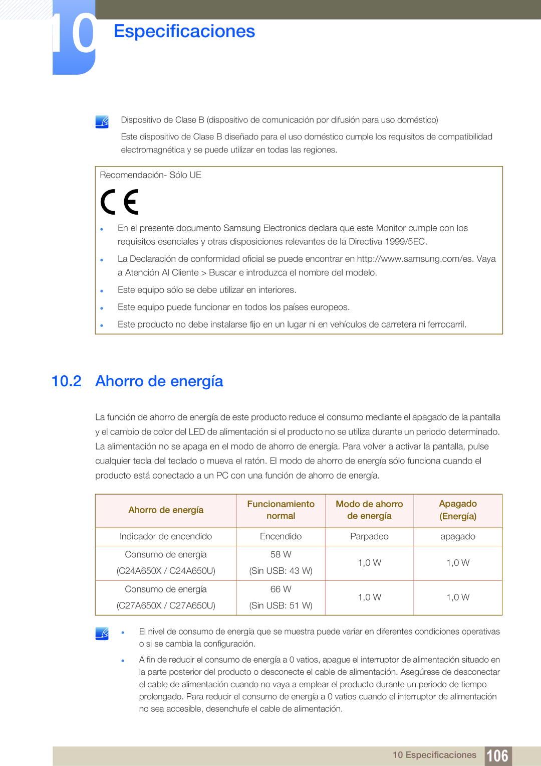 Samsung LC24A650XS/EN manual Ahorro de energía 