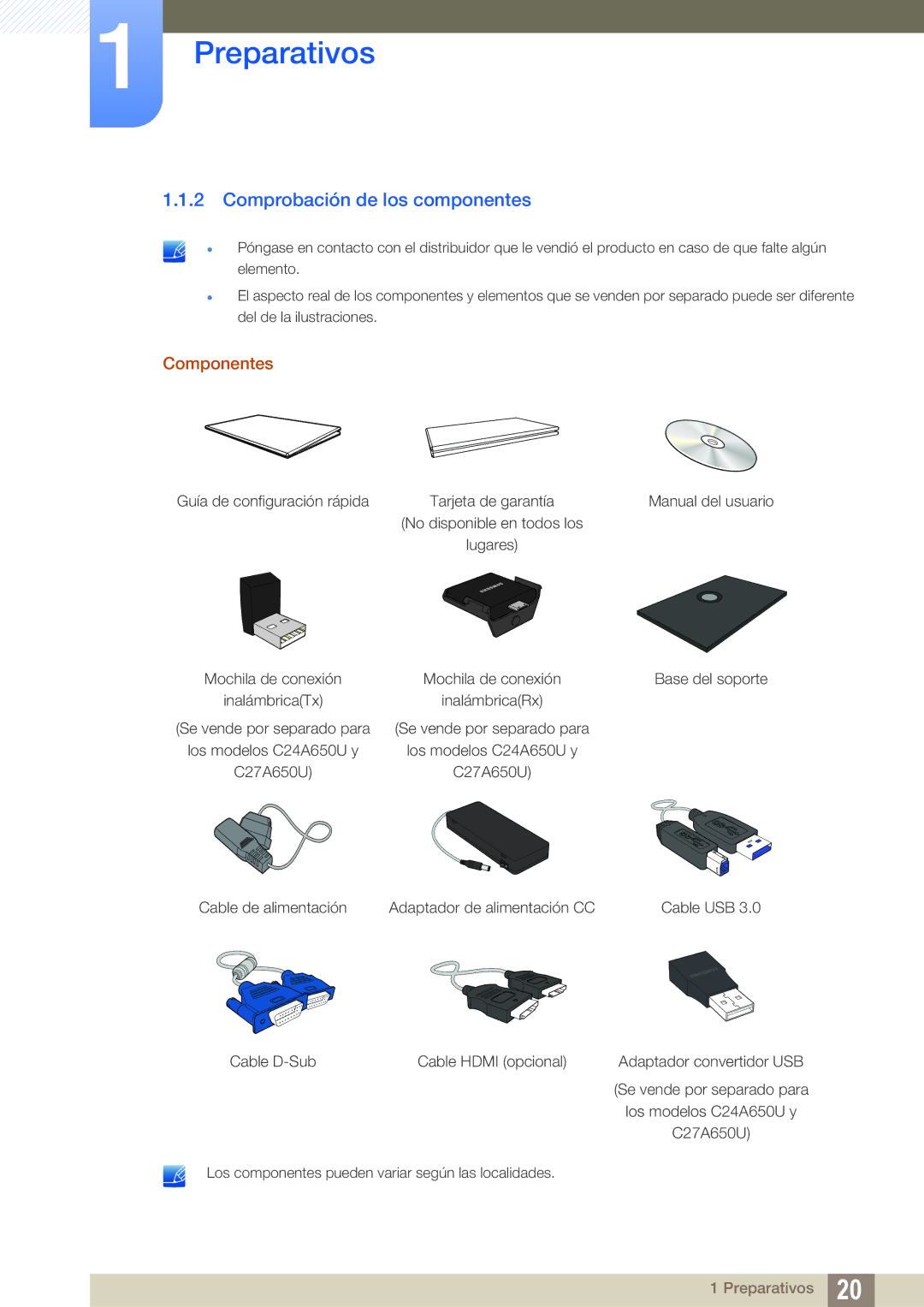 Samsung LC24A650XS/EN manual Comprobación de los componentes, Componentes 