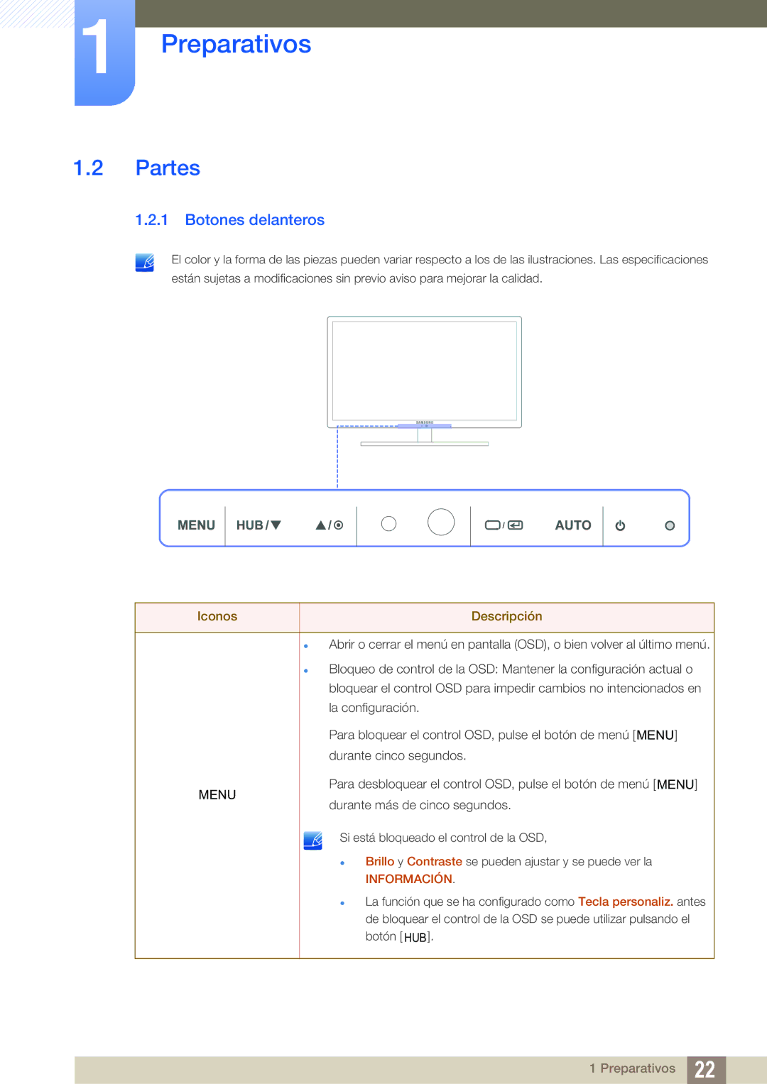 Samsung LC24A650XS/EN manual Partes, Botones delanteros 