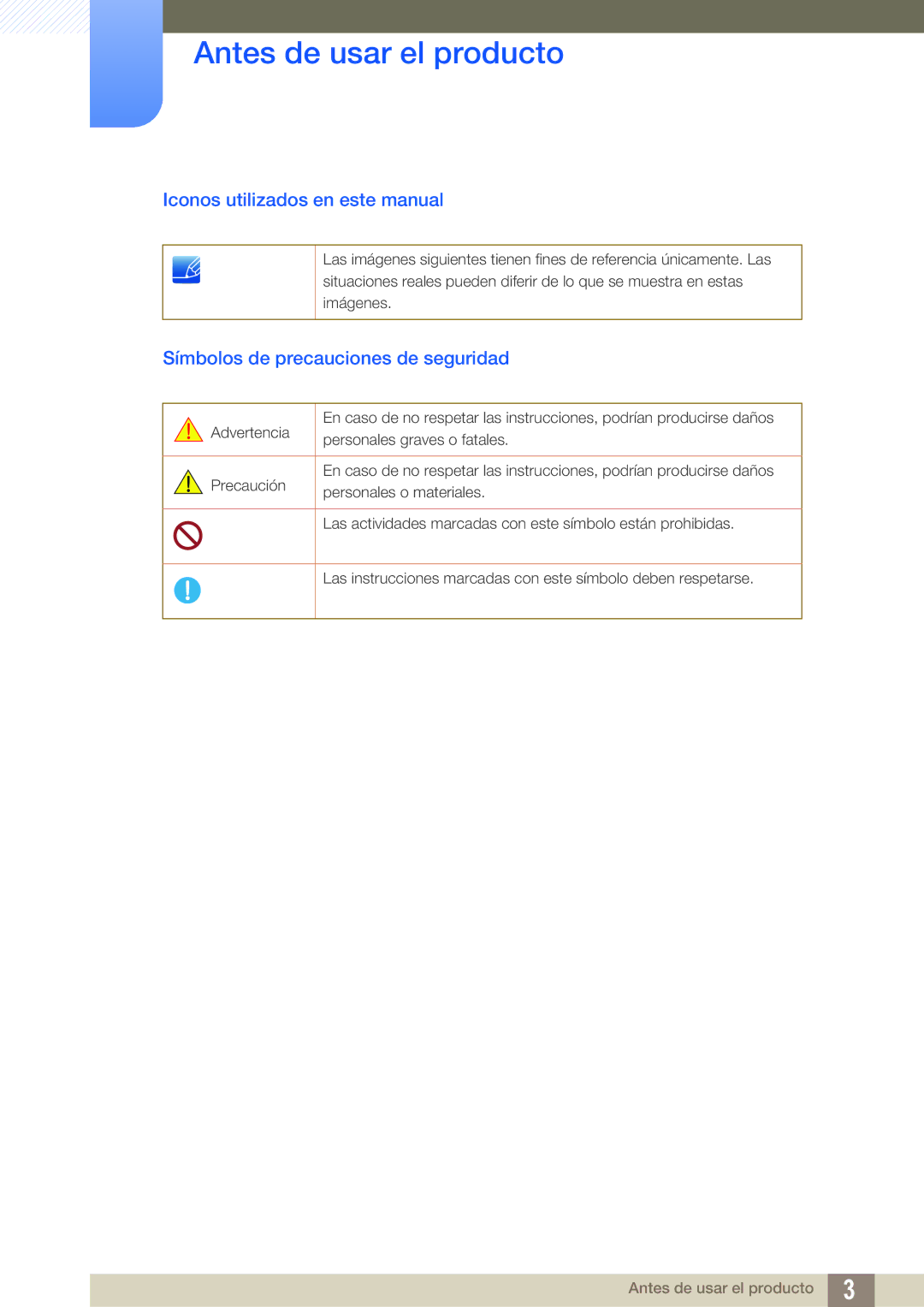 Samsung LC24A650XS/EN Iconos utilizados en este manual, Símbolos de precauciones de seguridad 