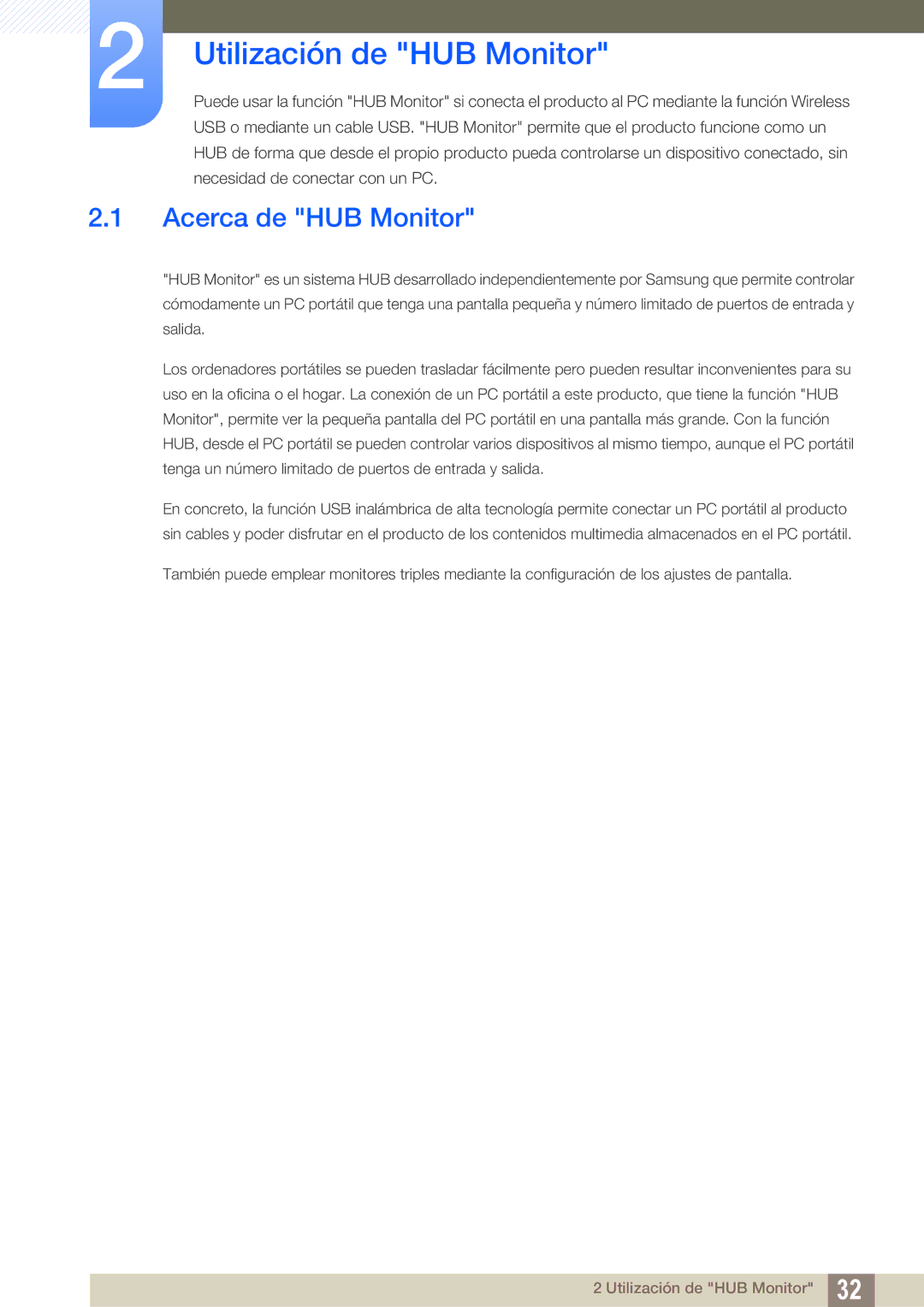 Samsung LC24A650XS/EN manual Utilización de HUB Monitor, Acerca de HUB Monitor 