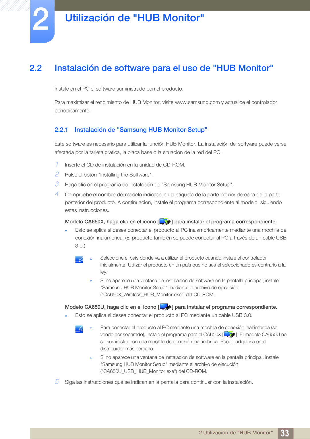 Samsung LC24A650XS/EN manual Instalación de software para el uso de HUB Monitor, Instalación de Samsung HUB Monitor Setup 