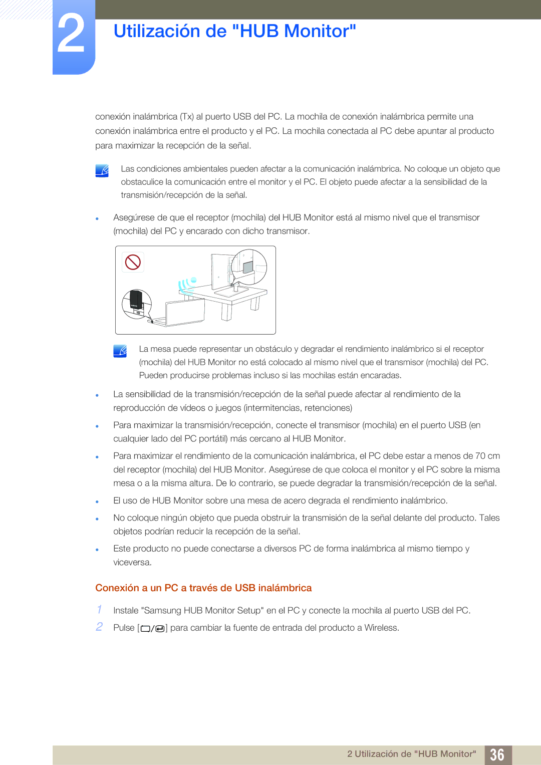 Samsung LC24A650XS/EN manual Conexión a un PC a través de USB inalámbrica 