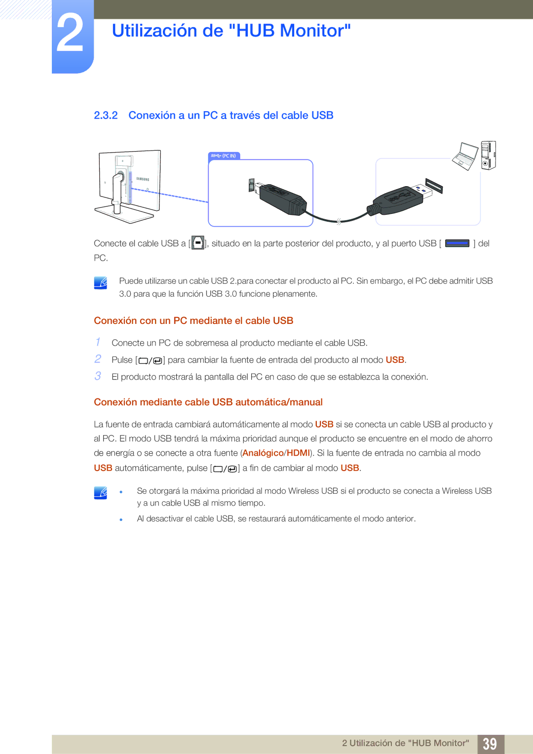 Samsung LC24A650XS/EN manual Conexión a un PC a través del cable USB, Conexión con un PC mediante el cable USB 