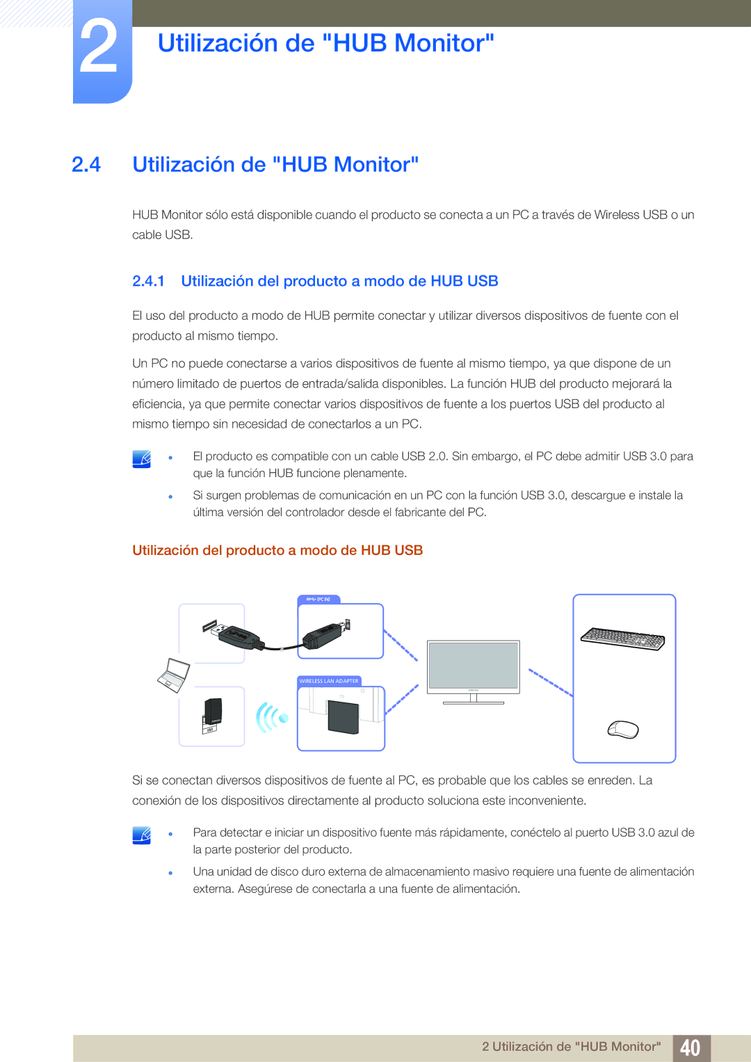 Samsung LC24A650XS/EN manual Utilización de HUB Monitor, Utilización del producto a modo de HUB USB 