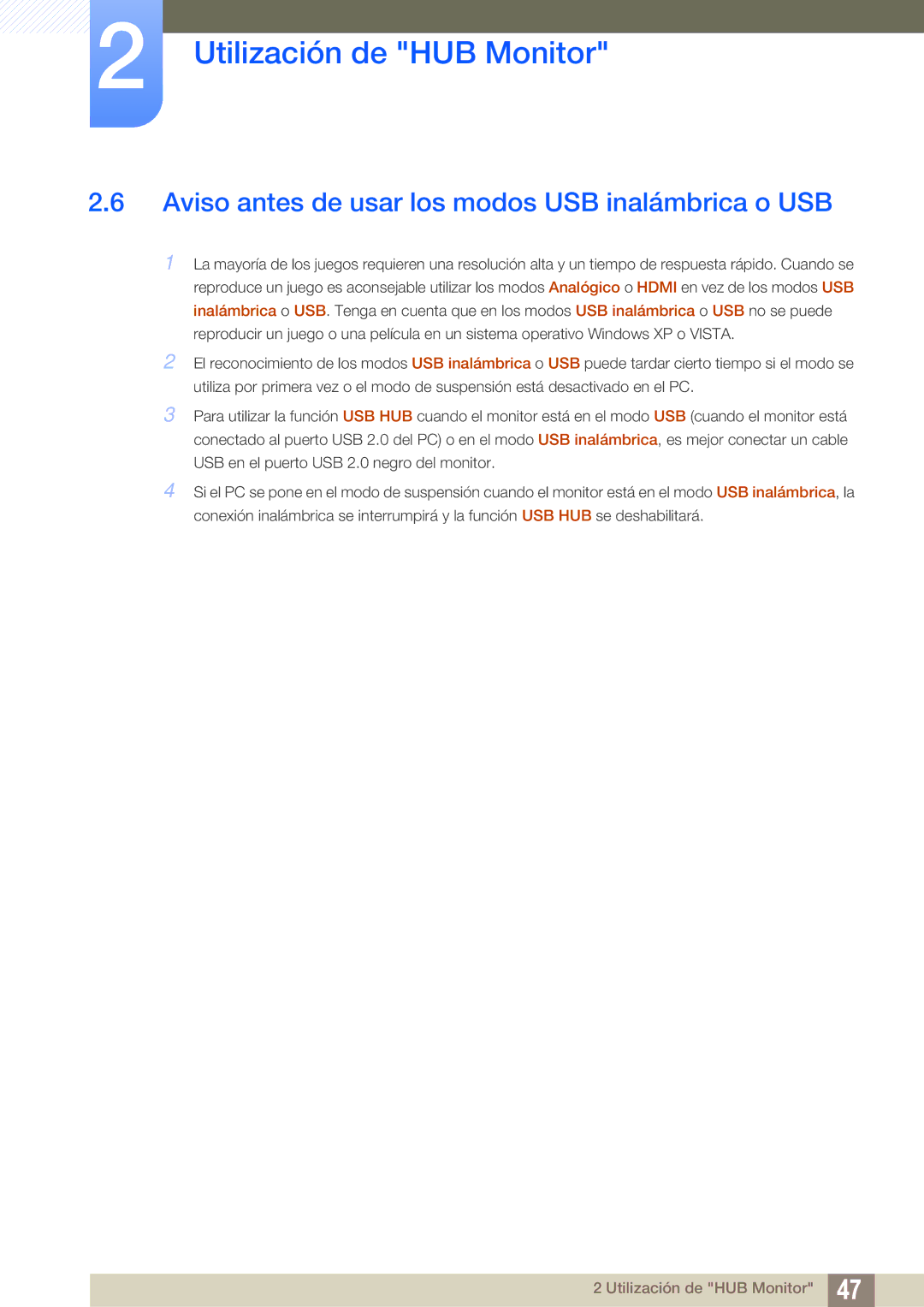 Samsung LC24A650XS/EN manual Aviso antes de usar los modos USB inalámbrica o USB 