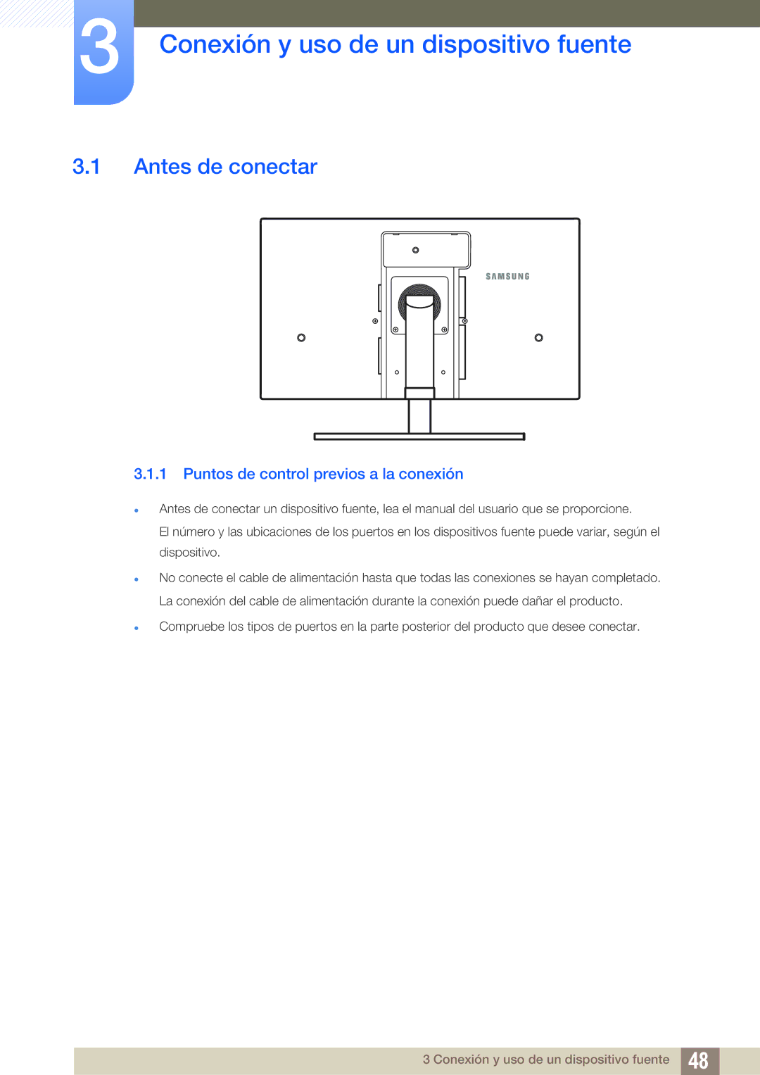 Samsung LC24A650XS/EN Conexión y uso de un dispositivo fuente, Antes de conectar, Puntos de control previos a la conexión 