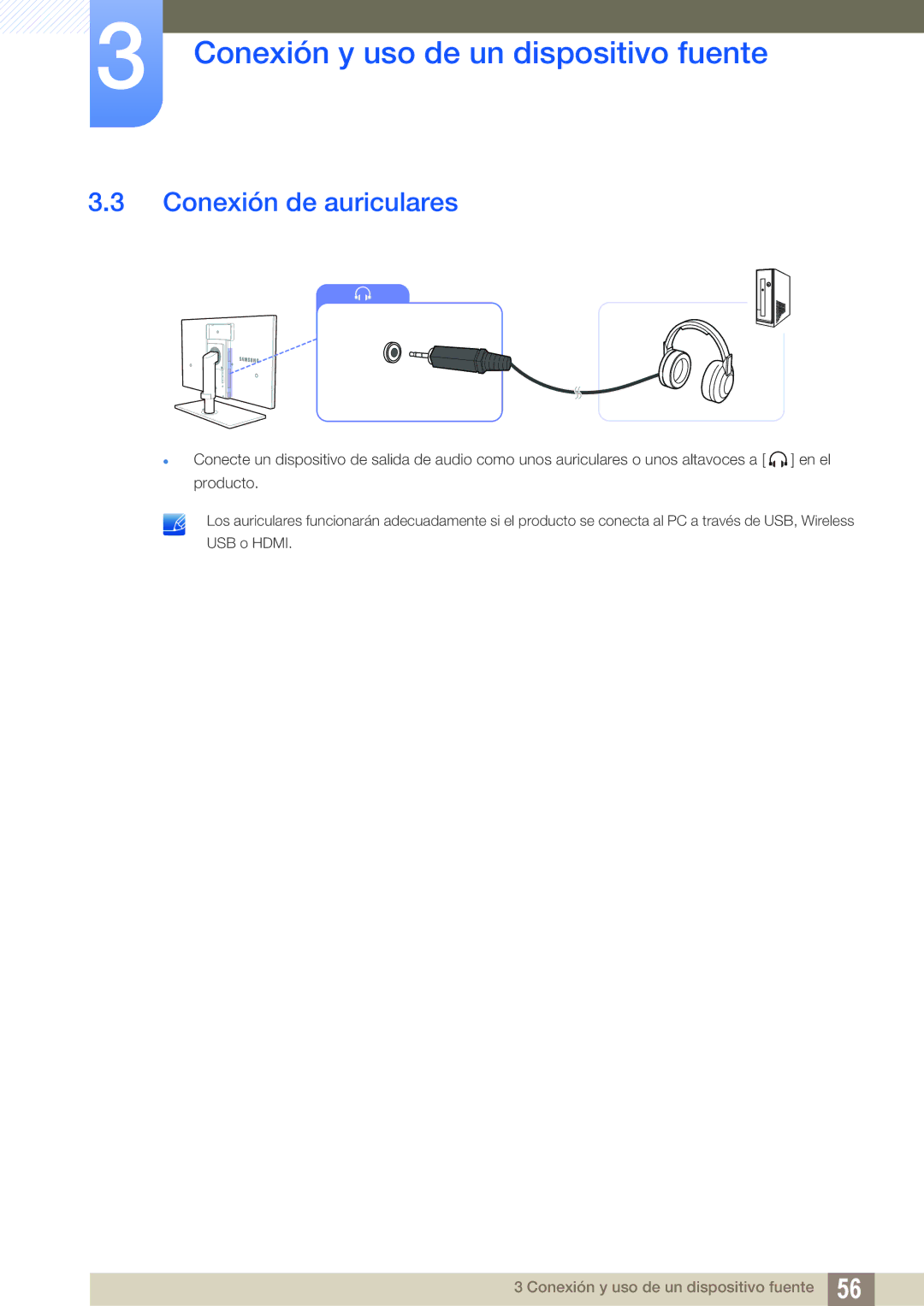 Samsung LC24A650XS/EN manual Conexión de auriculares 