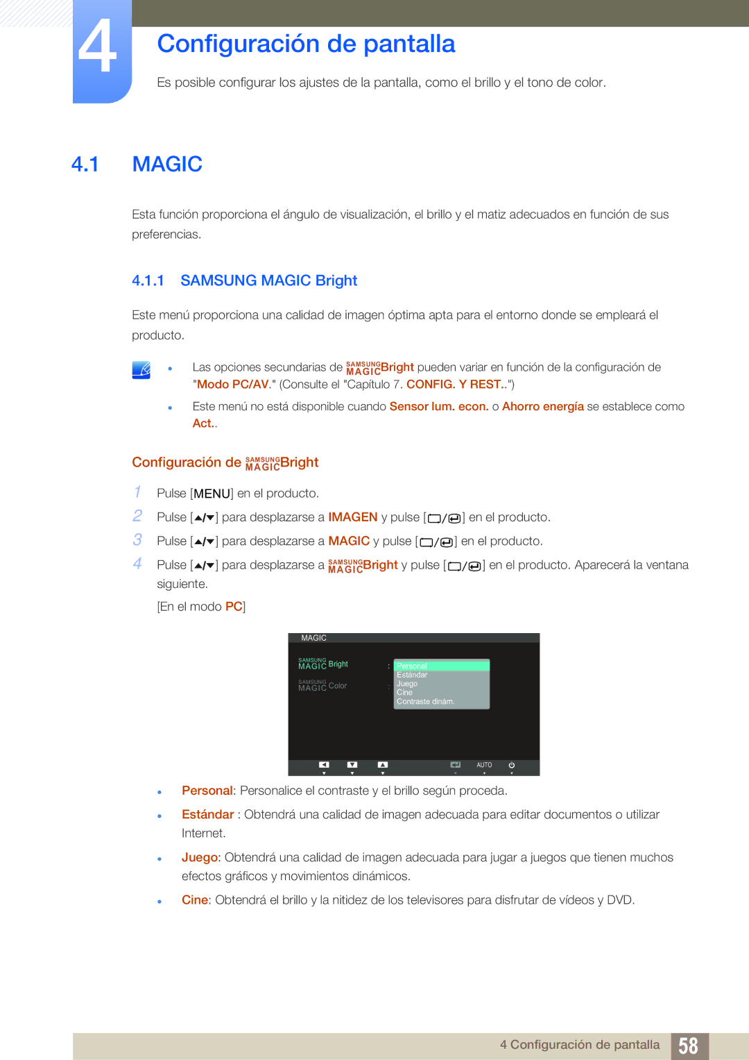 Samsung LC24A650XS/EN manual Configuración de pantalla, Samsung Magic Bright, Configuración de MAGICSAMSUNGBright 