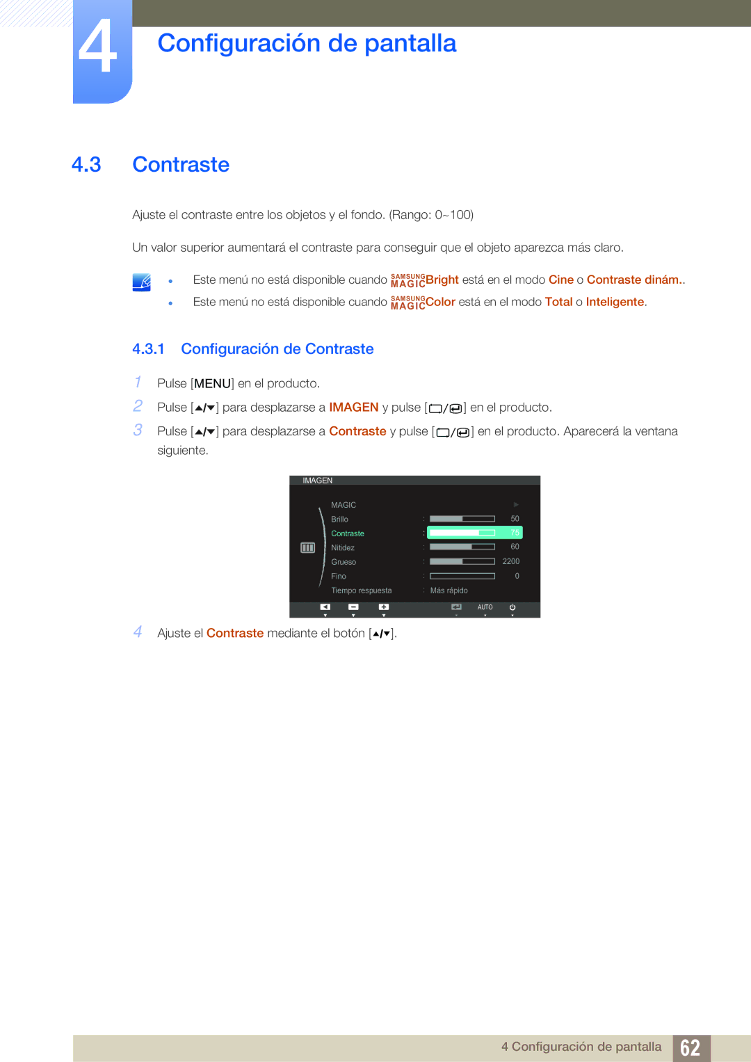 Samsung LC24A650XS/EN manual Configuración de Contraste 