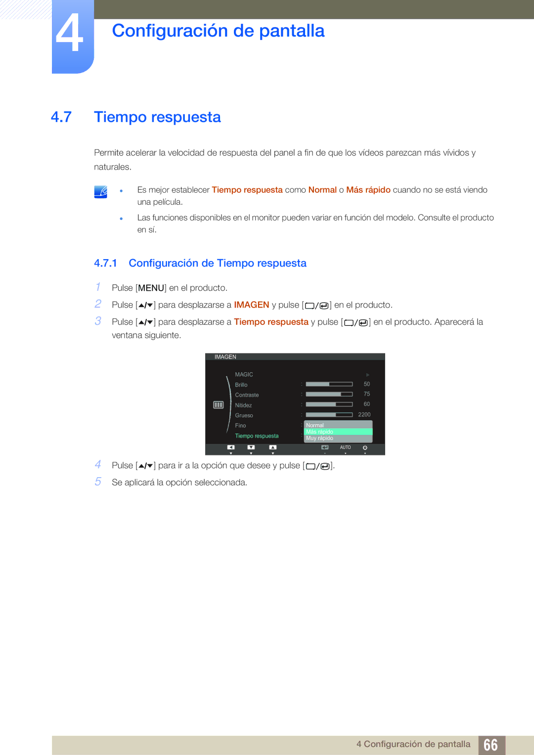 Samsung LC24A650XS/EN manual Configuración de Tiempo respuesta 