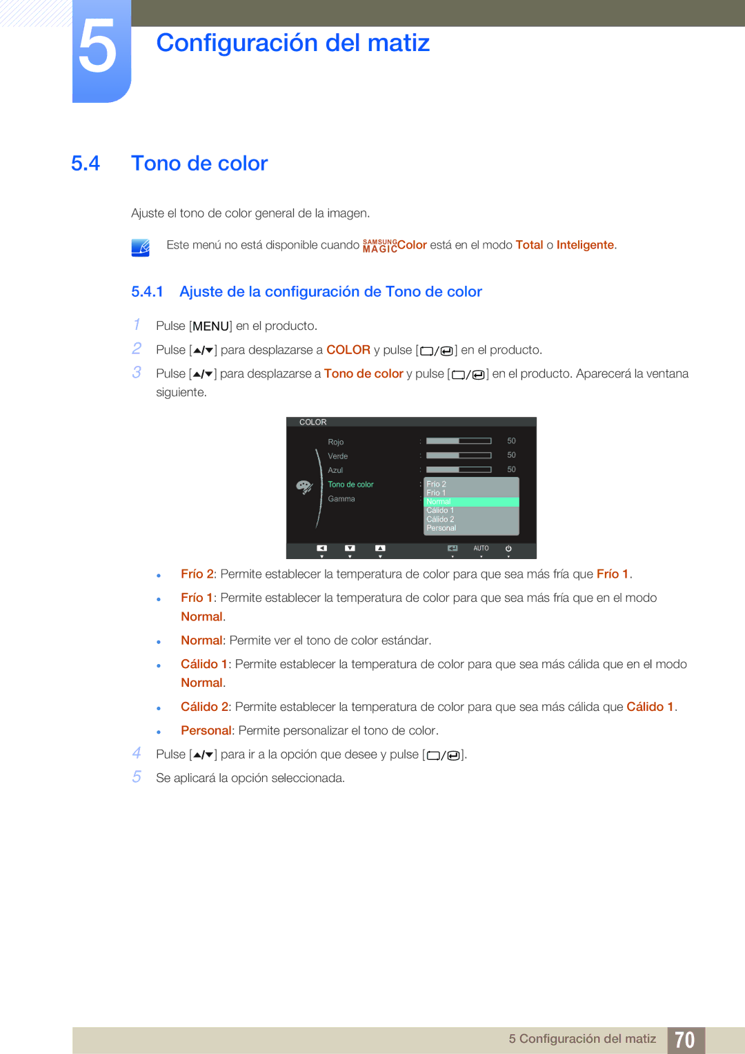 Samsung LC24A650XS/EN manual Ajuste de la configuración de Tono de color 