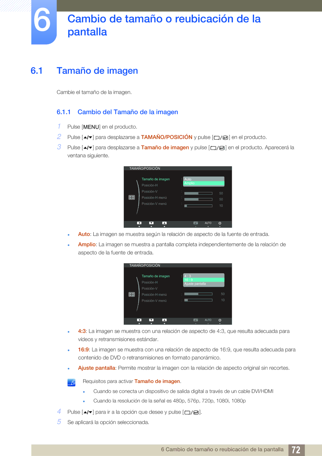 Samsung LC24A650XS/EN manual Cambiopantalla de tamaño o reubicación de la, Tamaño de imagen, Cambio del Tamaño de la imagen 