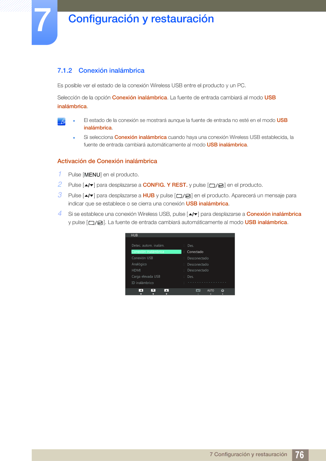 Samsung LC24A650XS/EN manual Activación de Conexión inalámbrica 