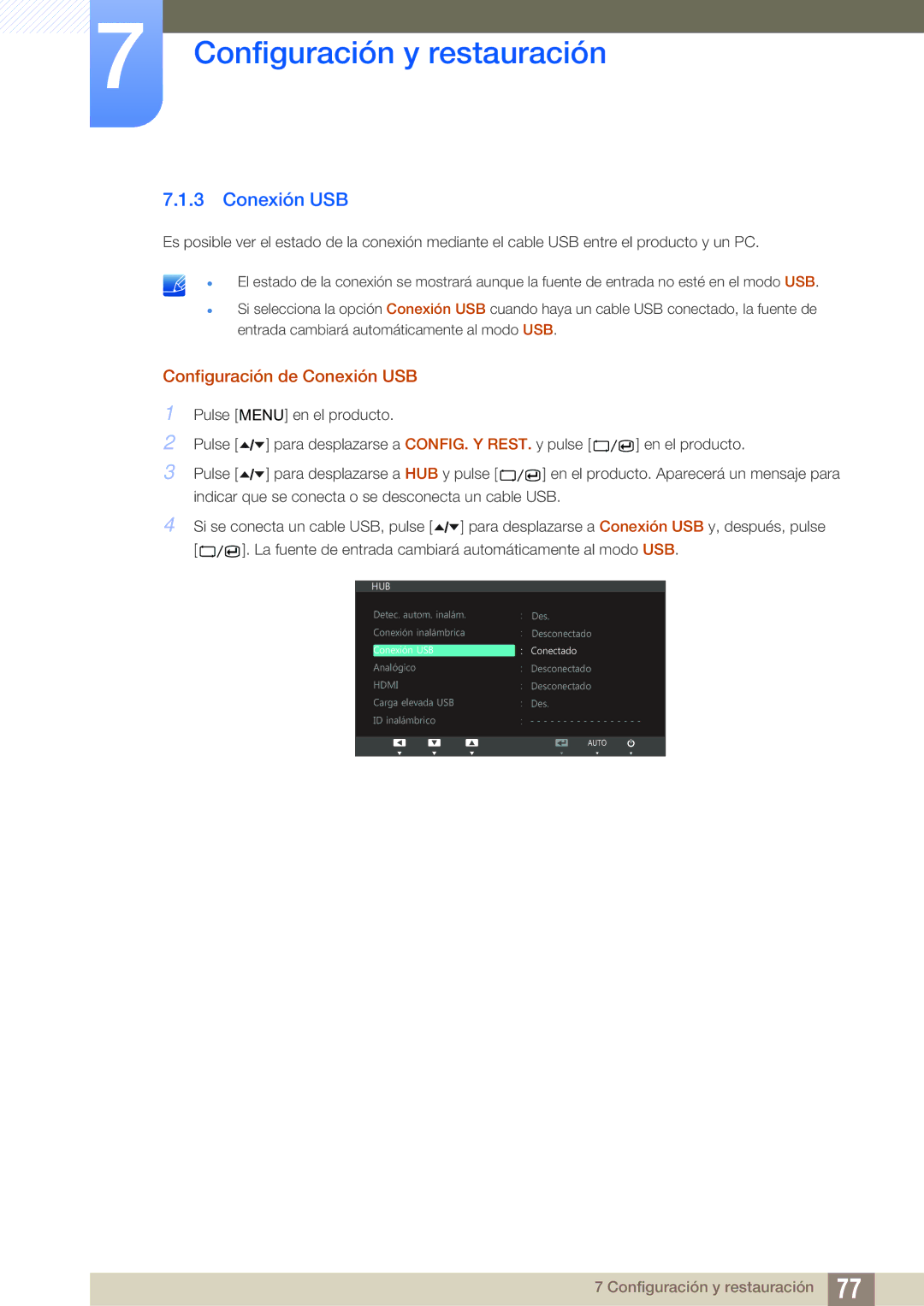 Samsung LC24A650XS/EN manual Configuración de Conexión USB 