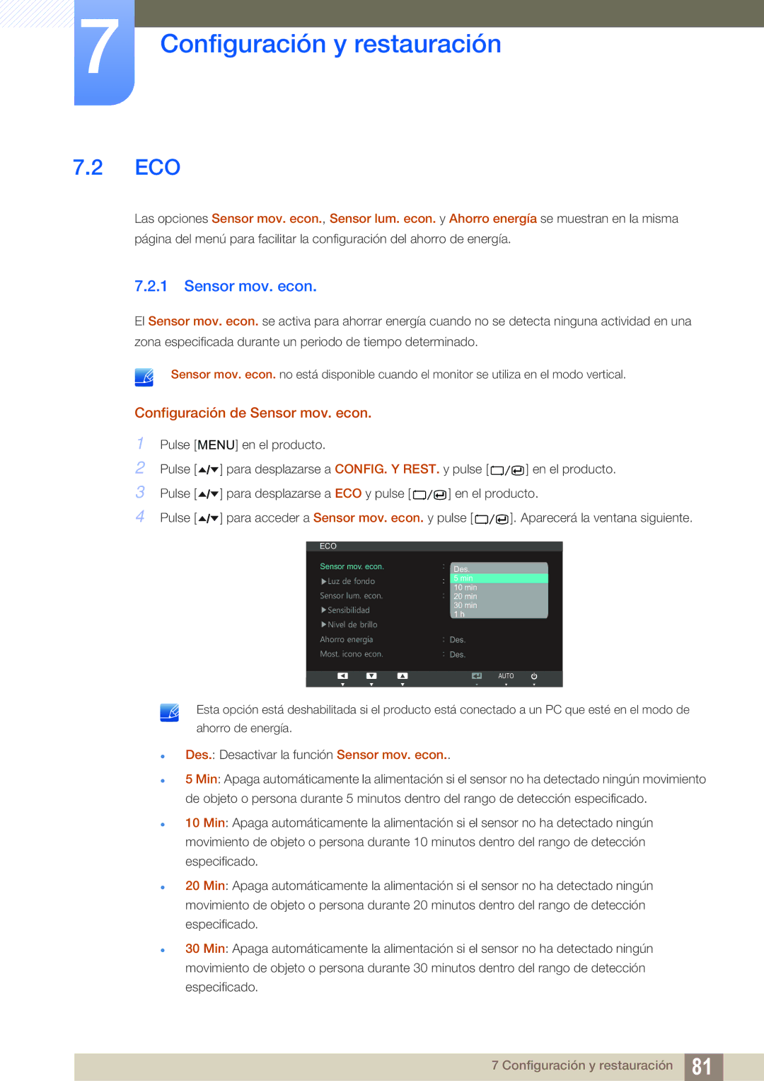 Samsung LC24A650XS/EN manual Eco, Configuración de Sensor mov. econ 