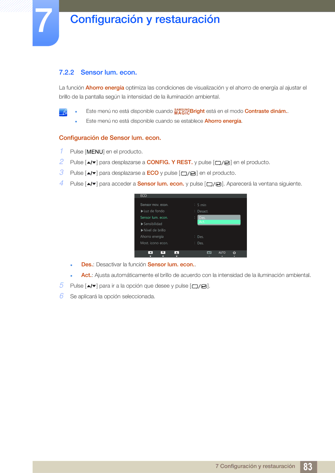 Samsung LC24A650XS/EN manual Configuración de Sensor lum. econ 