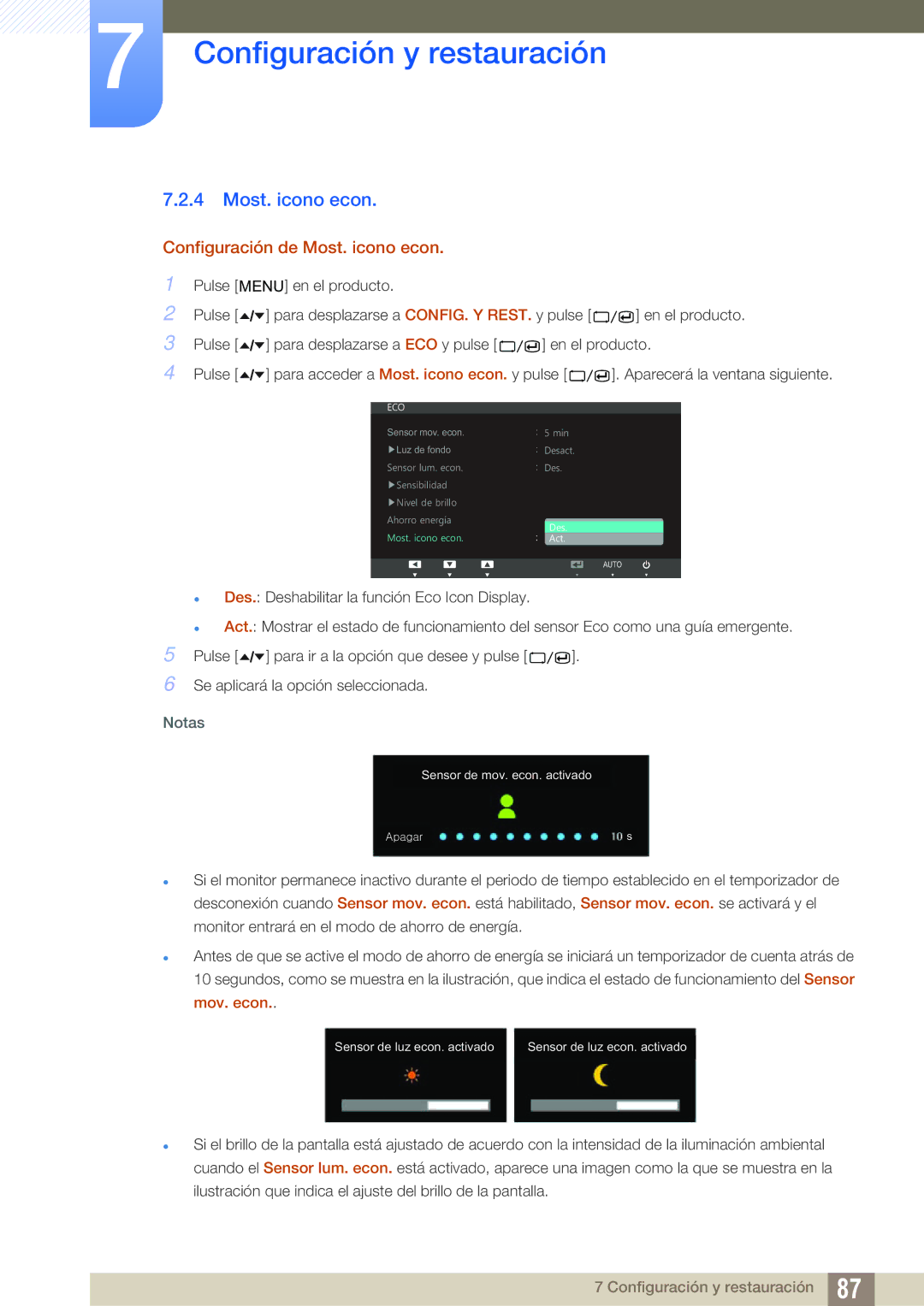 Samsung LC24A650XS/EN manual Configuración de Most. icono econ 