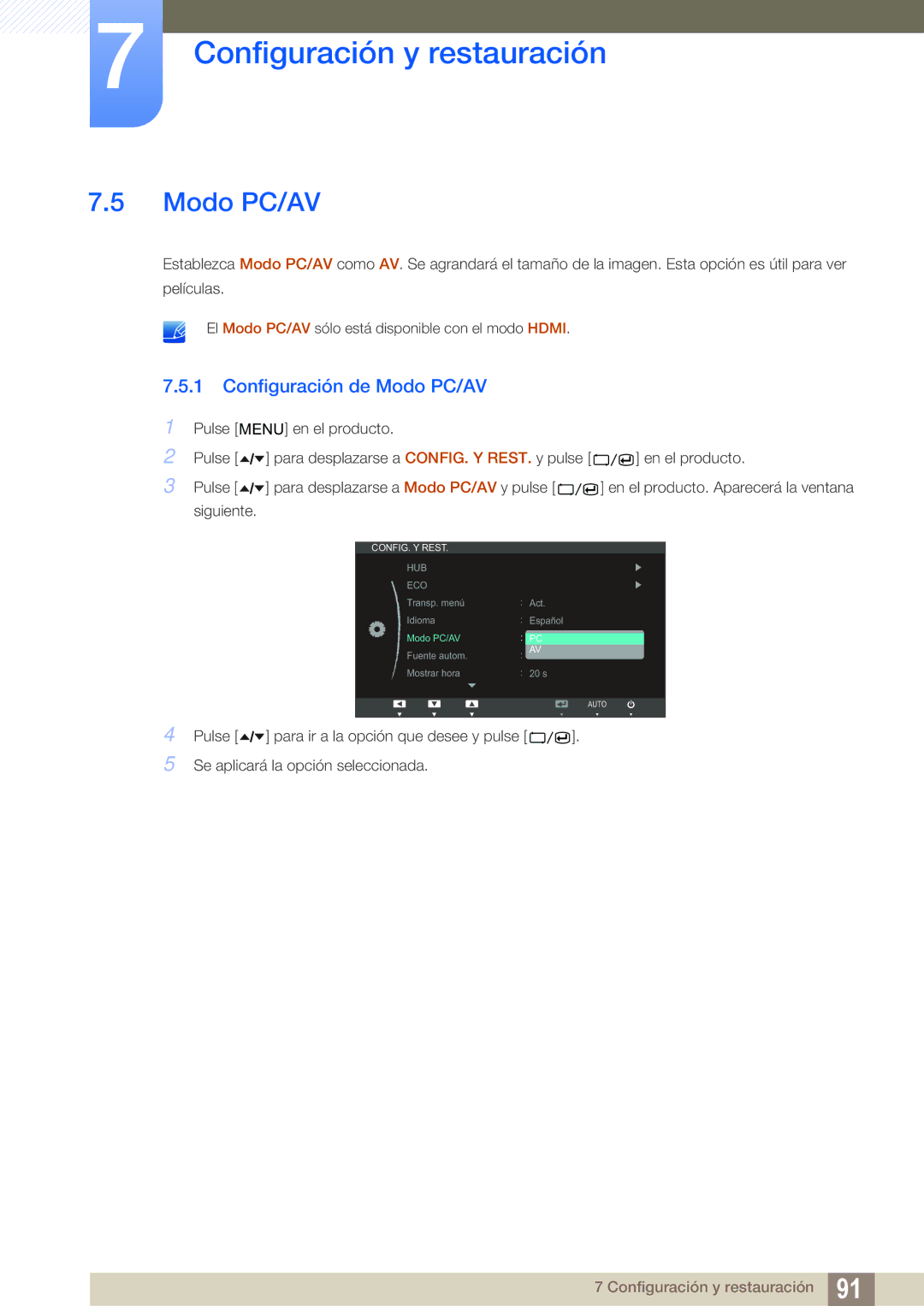 Samsung LC24A650XS/EN manual Configuración de Modo PC/AV 