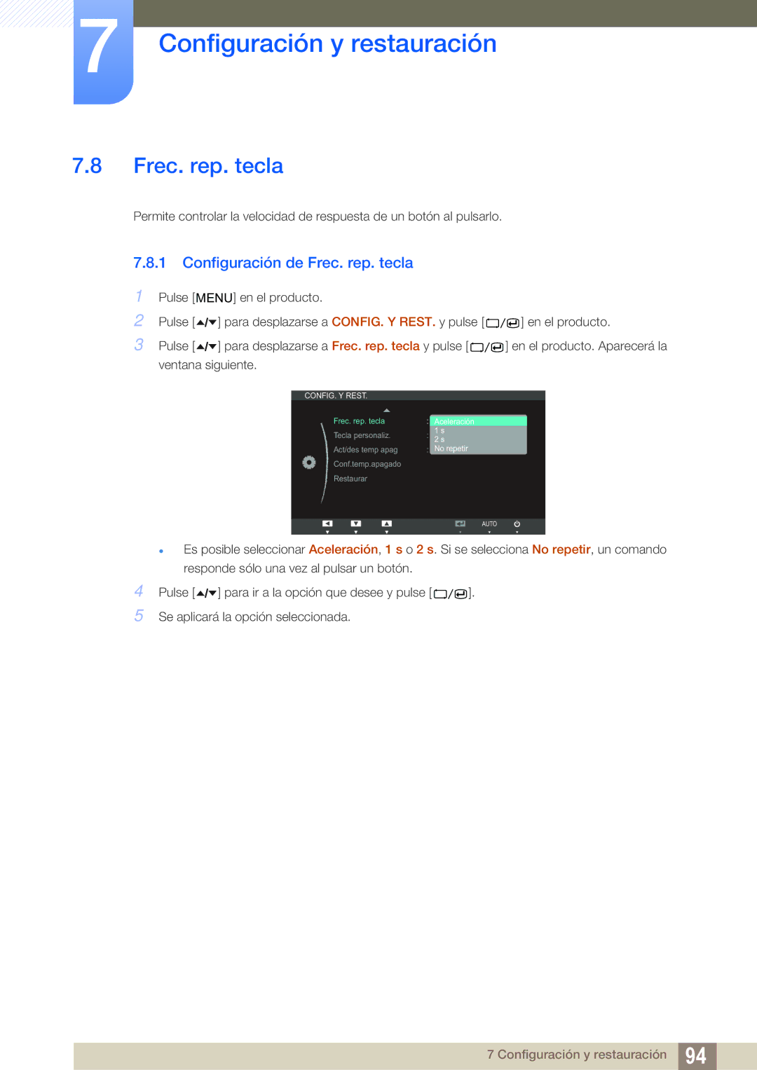 Samsung LC24A650XS/EN manual Configuración de Frec. rep. tecla 