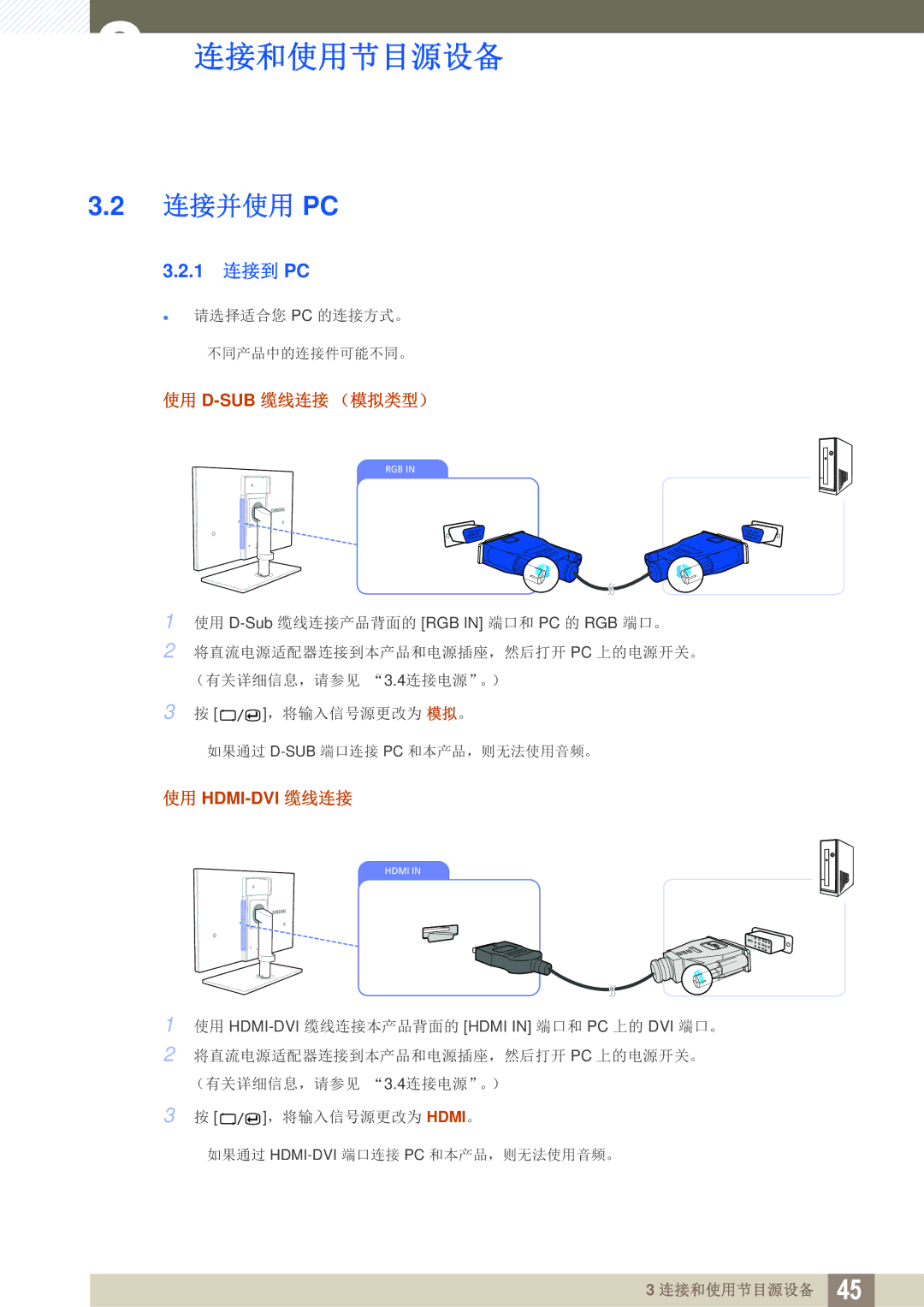 Samsung LC24A650XS/EN manual 连接并使用 Pc, 1 连接到 PC, 使用 D-Sub缆线连接 （模拟类型） 