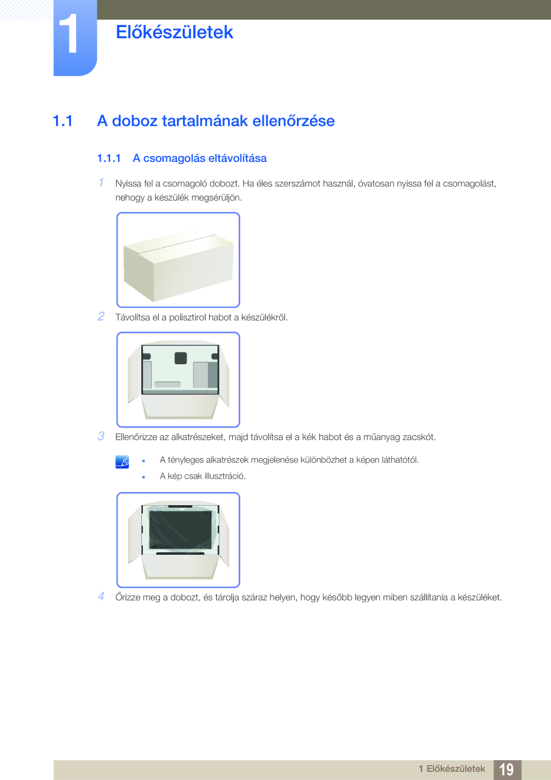 Samsung LC24A650XS/EN manual Előkészületek, Doboz tartalmának ellenőrzése, Csomagolás eltávolítása 