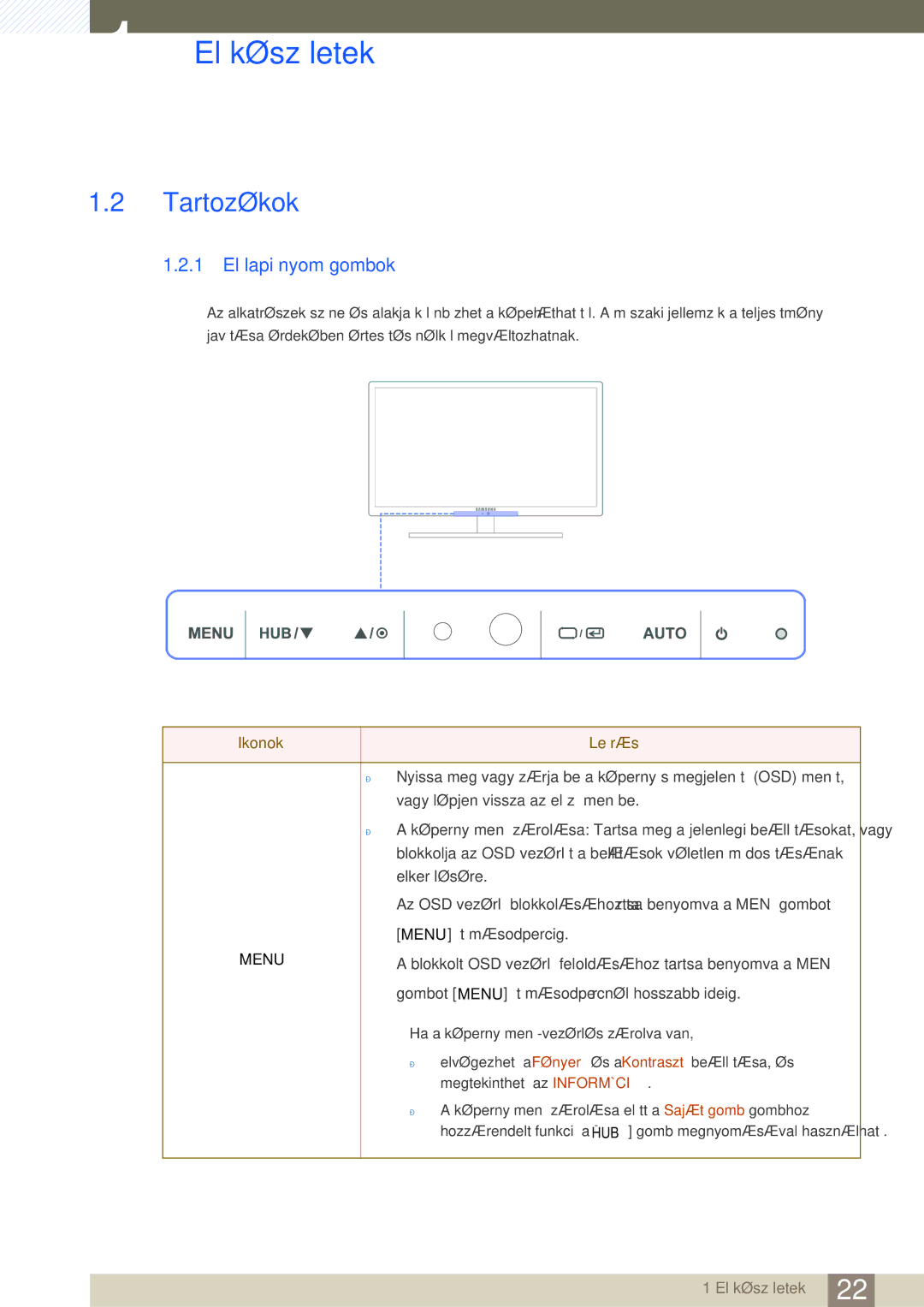 Samsung LC24A650XS/EN manual Tartozékok, 1 Előlapi nyomógombok 