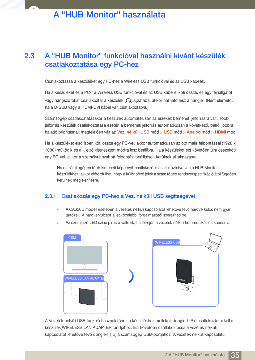 Samsung LC24A650XS/EN manual Csatlakozás egy PC-hez a Vez. nélküli USB segítségével 