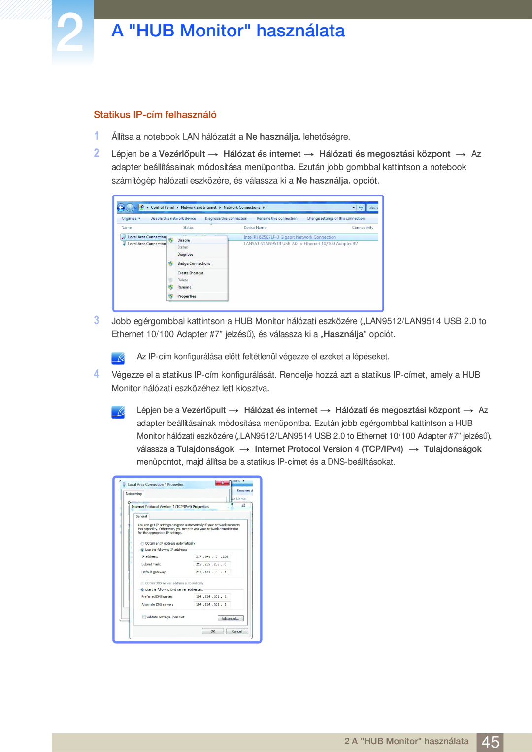 Samsung LC24A650XS/EN manual Statikus IP-cím felhasználó 