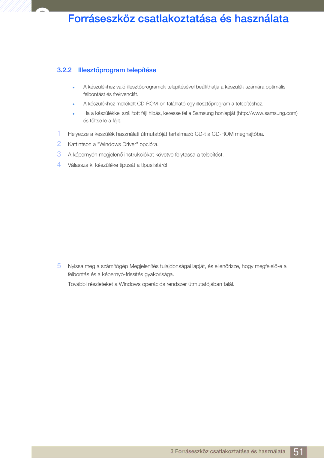 Samsung LC24A650XS/EN manual Illesztőprogram telepítése 