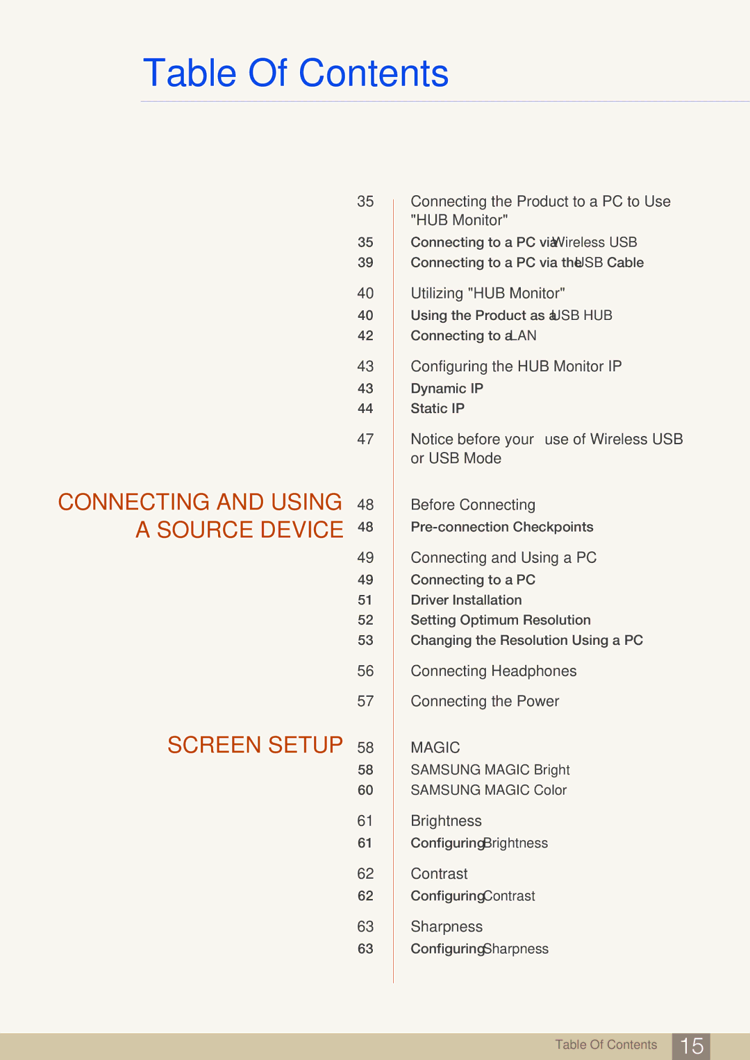 Samsung LC24A650XSR/EN, LC24A650XS/EN, LC24A650XS/XK manual Connecting and Using 48 a Source Device Screen Setup 