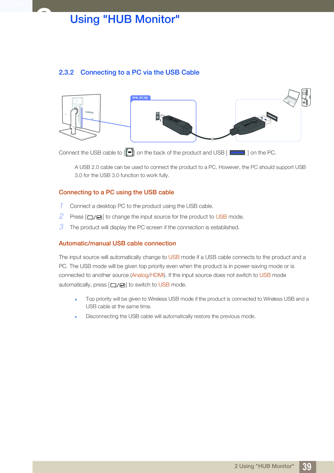 Samsung LC24A650XSR/EN, LC24A650XS/EN manual Connecting to a PC via the USB Cable, Connecting to a PC using the USB cable 