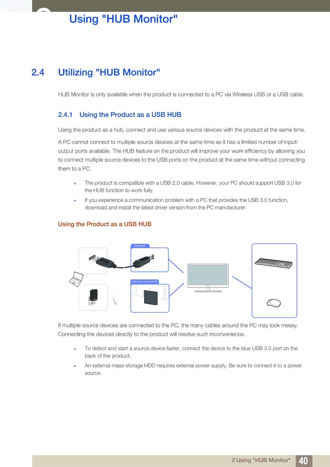 Samsung LC24A650XS/EN, LC24A650XSR/EN, LC24A650XS/XK manual Utilizing HUB Monitor, Using the Product as a USB HUB 