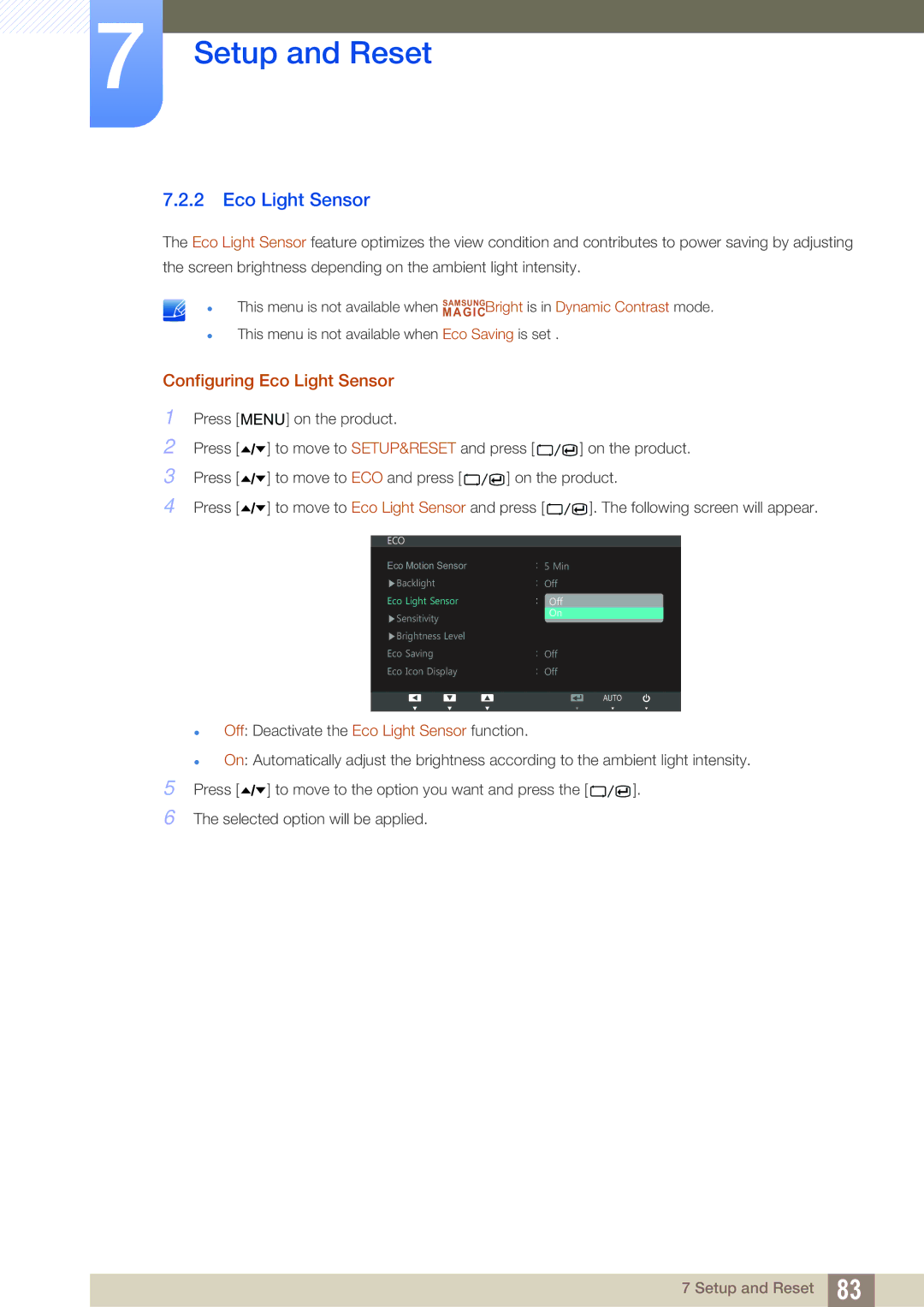 Samsung LC24A650XS/XK, LC24A650XSR/EN, LC24A650XS/EN manual Configuring Eco Light Sensor 