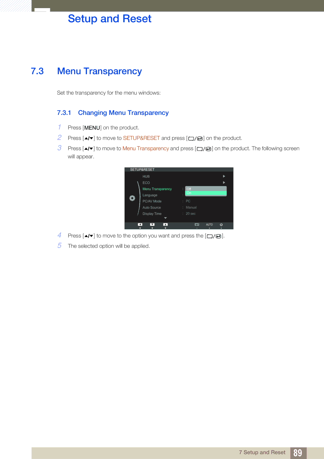 Samsung LC24A650XS/XK, LC24A650XSR/EN, LC24A650XS/EN manual Changing Menu Transparency 