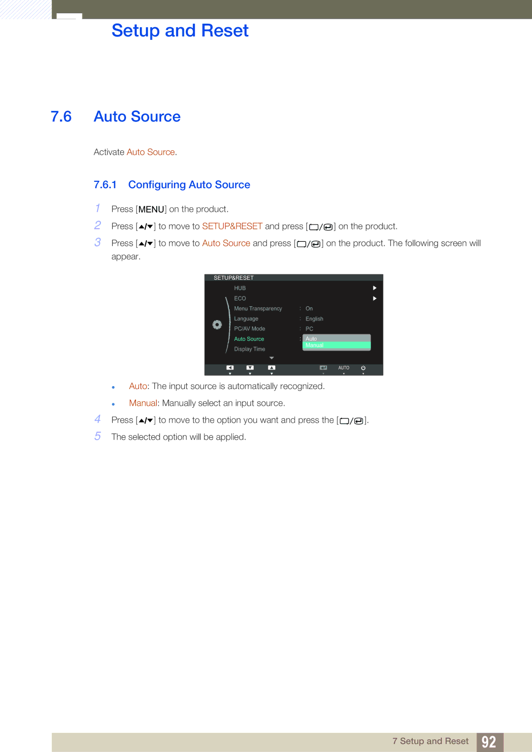 Samsung LC24A650XS/XK, LC24A650XSR/EN, LC24A650XS/EN manual Configuring Auto Source 