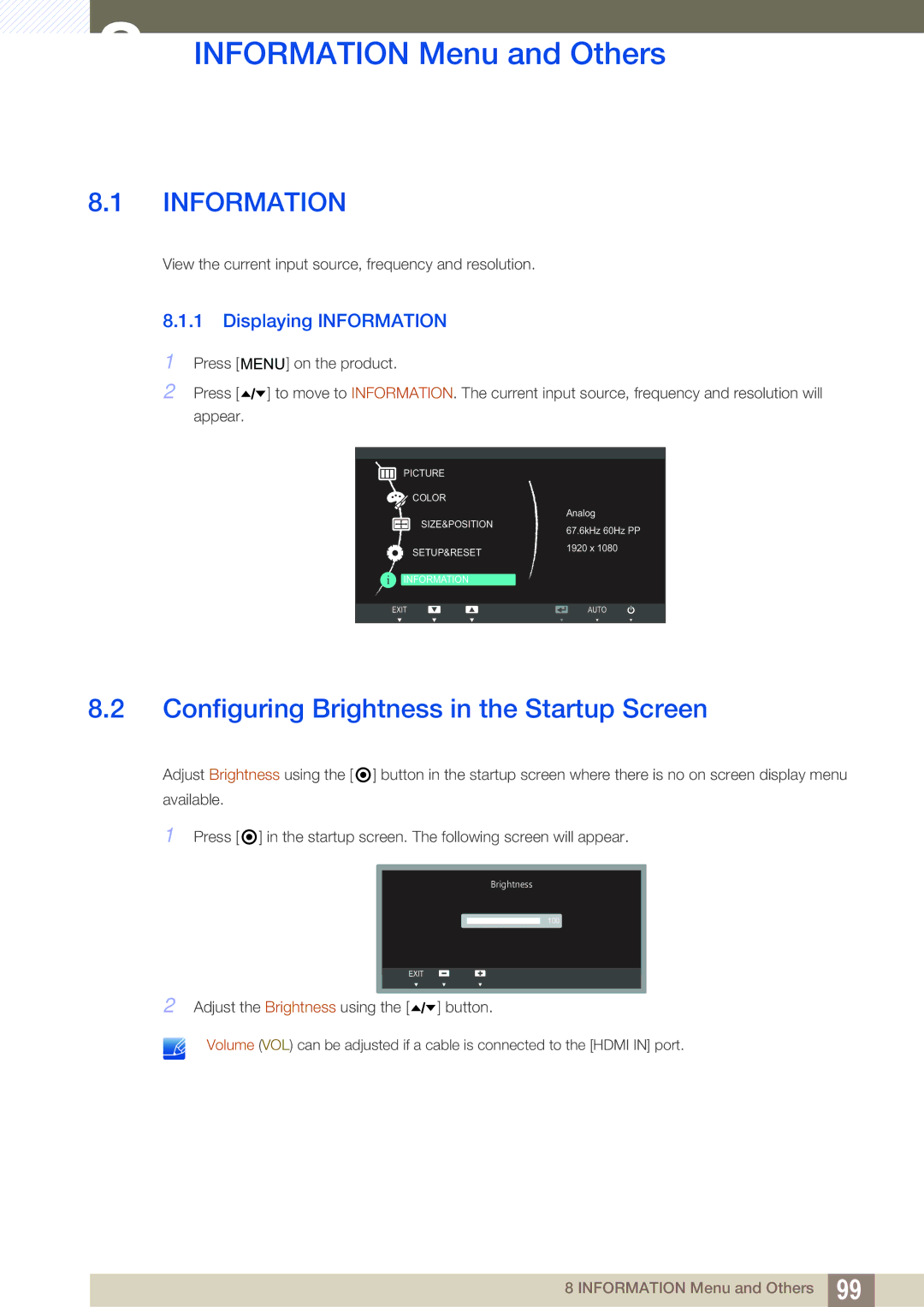 Samsung LC24A650XSR/EN Information Menu and Others, Configuring Brightness in the Startup Screen, Displaying Information 