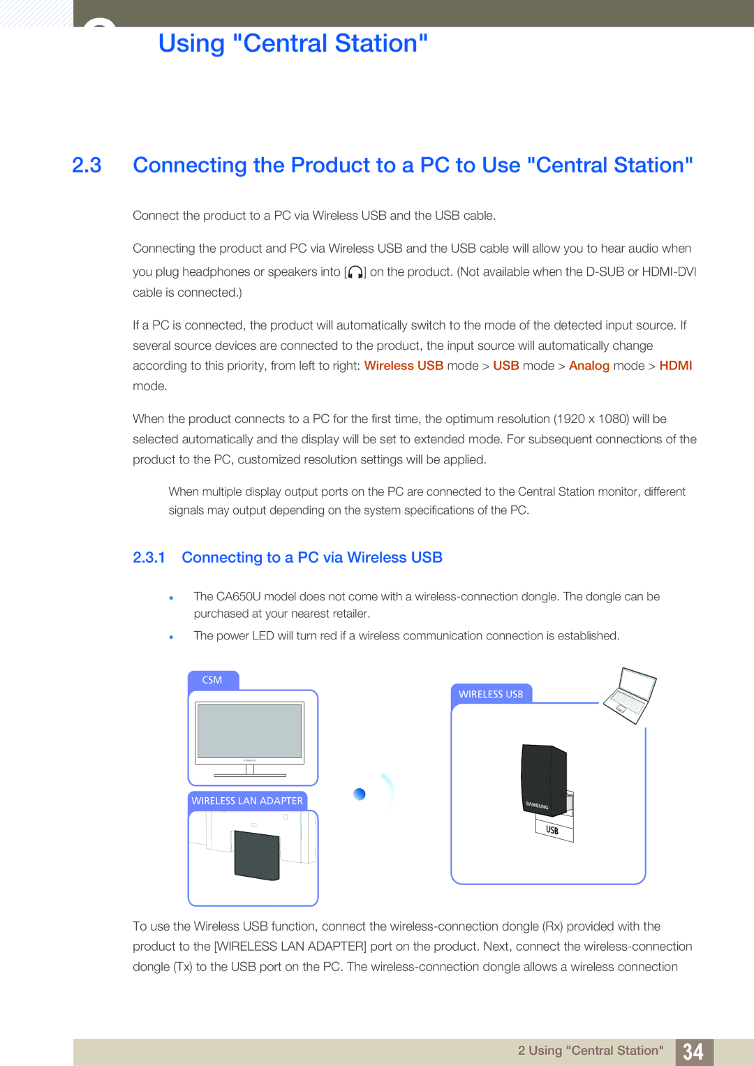 Samsung LC24A650XS/EN manual Connecting the Product to a PC to Use Central Station, Connecting to a PC via Wireless USB 