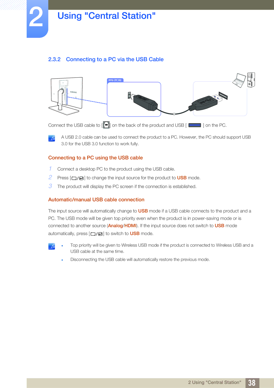 Samsung LC24A650XS/XK, LC24A650XSR/EN manual Connecting to a PC via the USB Cable, Connecting to a PC using the USB cable 