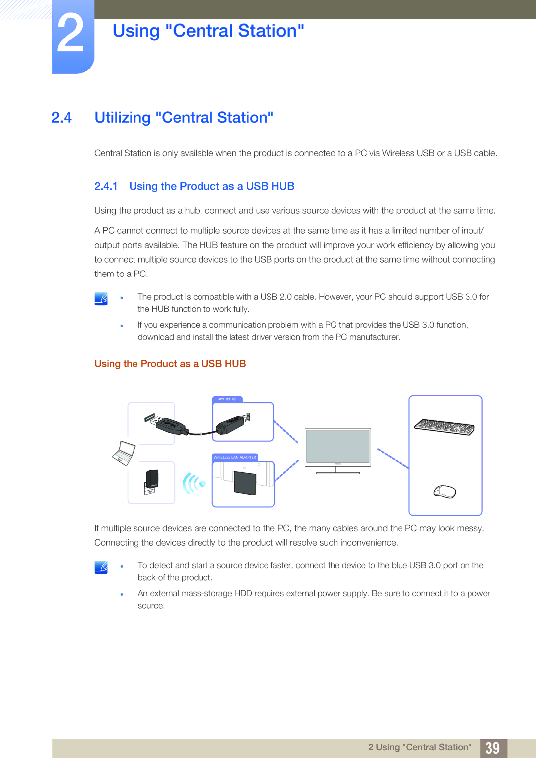 Samsung LC24A650XSR/EN, LC24A650XS/EN, LC24A650XS/XK manual Utilizing Central Station, Using the Product as a USB HUB 