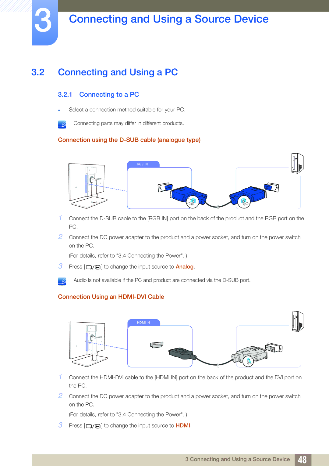 Samsung LC24A650XSR/EN manual Connecting and Using a PC, Connecting to a PC, Connection using the D-SUB cable analogue type 